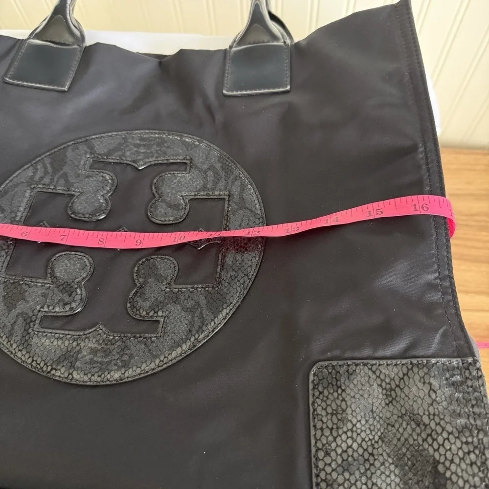 Tory Burch Large Ella Tote Black Nylon Snake Skin Logo Shoulder Overnight Bag